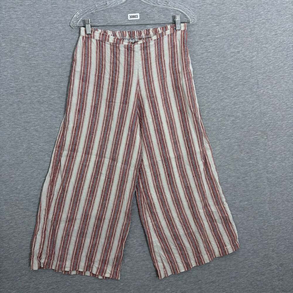 Bryn Walker Women's XS Striped Linen Wide Leg Cropped Pull On E-Waist Pants